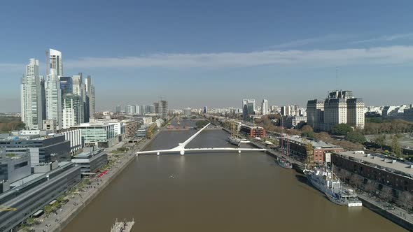 Aerial view of Buenos Aires city, Puerto Madero. Puente de la Mujer Footbridge.
