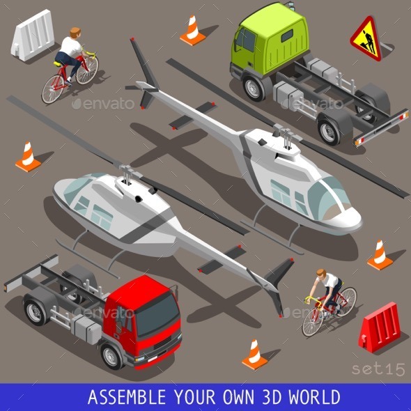 Isometric Flat 3d Vehicle aid Carrier Ride Set