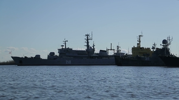 Silhouette Row Of Warships In The Bay Of Kronstadt