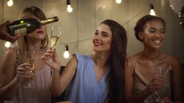 Young Beautiful Cheerful Girls Speaking Laughing Smiling Resting at Party