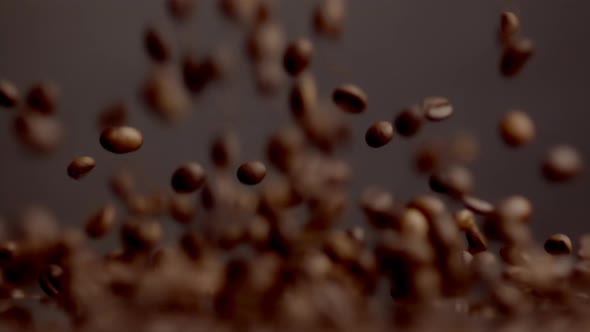 Roasted Coffee Beans Pouring on Table Bouncing Close Up
