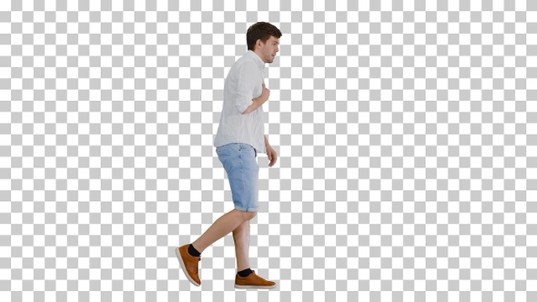 Exhausted young man walking and touching, Alpha Channel