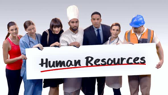 Various professional holding placard of human resources text