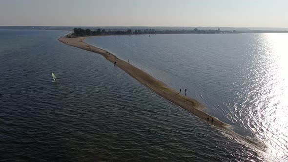 Flying over the sandbar in Rewa village at the Baltic Sea in Poland, Europe