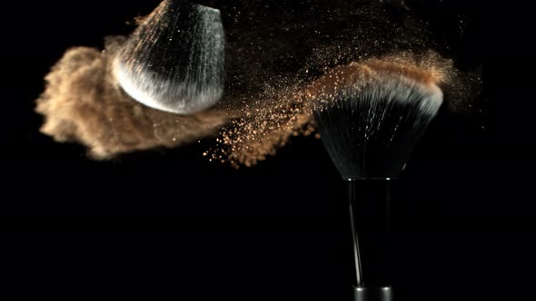 Super Slow Motion Closeup Shot of Makeup Powder Falling From Facial Brush at 1000Fps