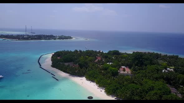 Aerial drone view tourism of tropical sea view beach journey by shallow lagoon with white sand backg