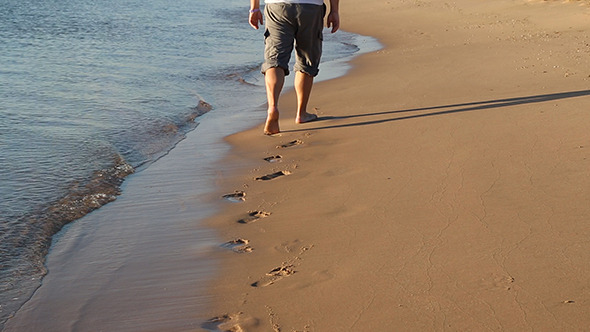 Feet Of Man Walking Along Edge Of Sea Leave