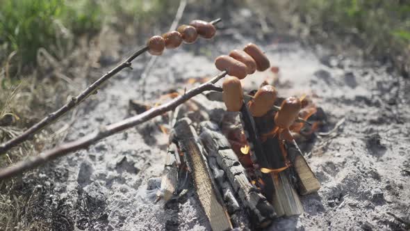 Grilling of Fatty Sausages on Campfire