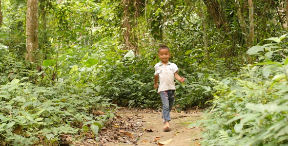 Kid Walking On Forest Trail