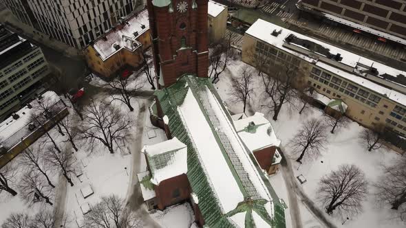 Establishing shot revealing elegant and charming old church in beautiful historical Stockholm.