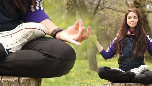 Girl Sitting On A Stump In Lotus Position