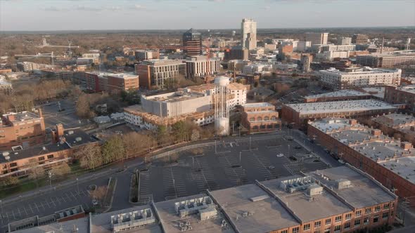 Establishing shot of Durham downtown in North Carolina, USA. Aerial forward