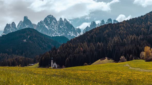 Time Lapse of St Johann Church, Santa Magdalena, Val Di Funes, Dolomitas, Italy