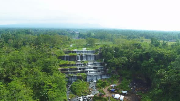 Aerial view Grojogan Watu purbo waterfall is very beautiful located Sleman, Yogyakarta, Indonesia