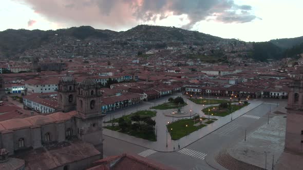 4k aerial footage of Plaza de Armas at sunset in Cusco City, Peru during Coronavirus quarantine. Dol