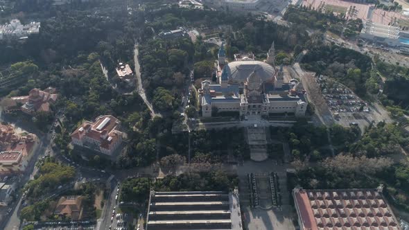 Drone shot of the National Palace in Barcelona. National Museum of Art of Catalonia.