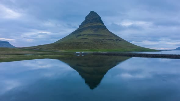 Kirkjufell Mountain and Reflection in Lake. Iceland. Aerial View