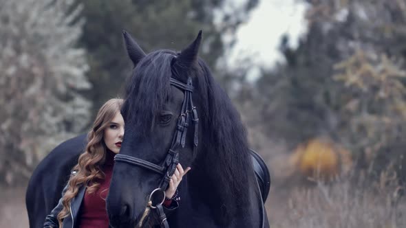 Beautiful Young Woman Stroking a Horse and Posing Outdoors