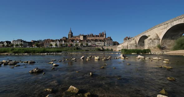 Gien, Loiret department, France. Low water level in the Loire river during a dryness season.