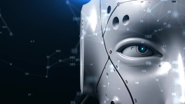 The robot looks close-up at the viewer observing what is happening. alt