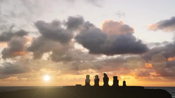 Sunset over Moais at Ahu Vai Uri, Tawai, Easter Island, Chile.