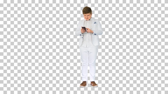 Young teenager boy in business suit using, Alpha Channel