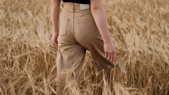 A Young Girl Happily Walking in Slow Motion Through a Field Touching with Hand Wheat Ears