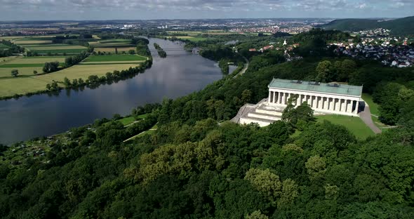 Beautiful drone video above the monument of Walhalla.