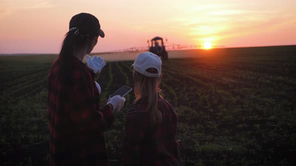 Family Farmers Work in the Field, Look at the Digital Tablet Against the Background of the Tractor