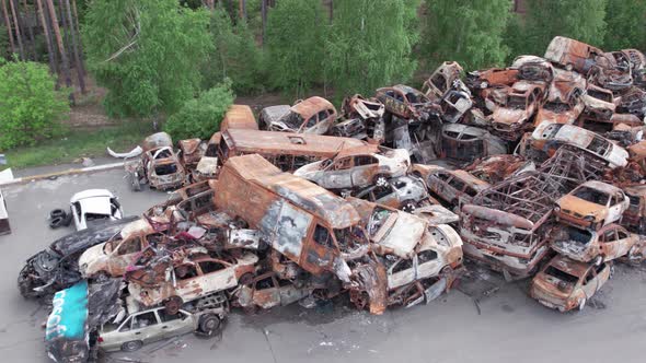 War in Ukraine a Dump of Shot and Burned Cars in Irpin Bucha District