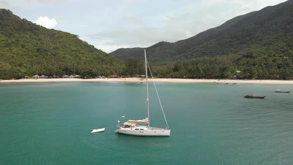 Panning shot of aerial view of the bay in Ko Pha-ngan District Surat Thani Thailand Asia