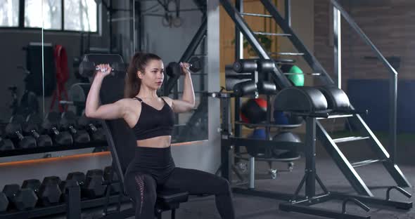 Young Female Training in the Gym Girl Lifts Dumbbell Weights While Sitting on the Bench Muscle