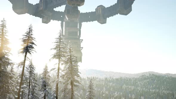 UFO Hovering Over a Forest at Sunset with Light Beam alt