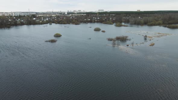 Spring Flood View From a Quadcopter City in the Background