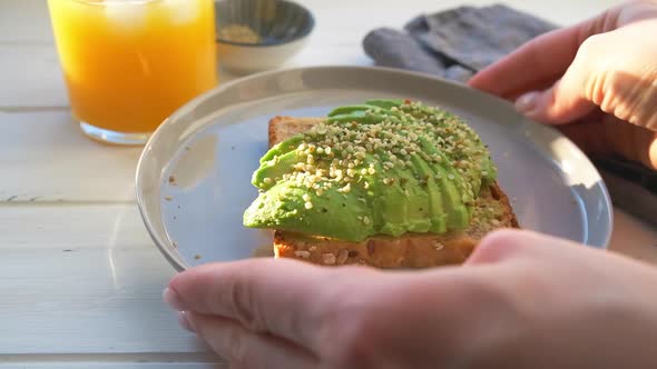 Avocado toast with hemp seeds. Vegan food concept. 