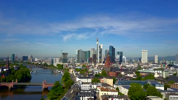AERIAL: Towards Frankfurt Am Main, Germany with Main River on Beautiful Sunny Day 
