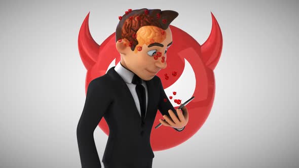 Fun 3D cartoon business man walking with a phone and the dangers of social media