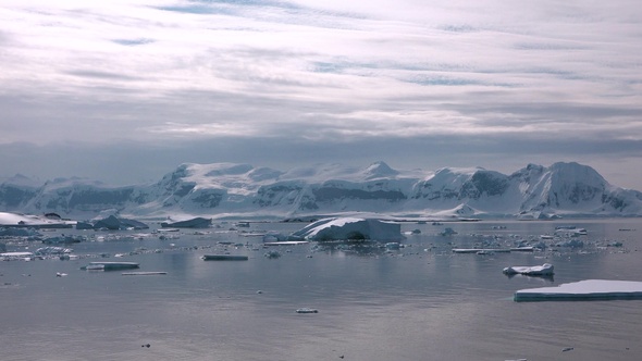 Environment. Reflection of mountains and icebergs in the water. Antarctica. Life of nature.