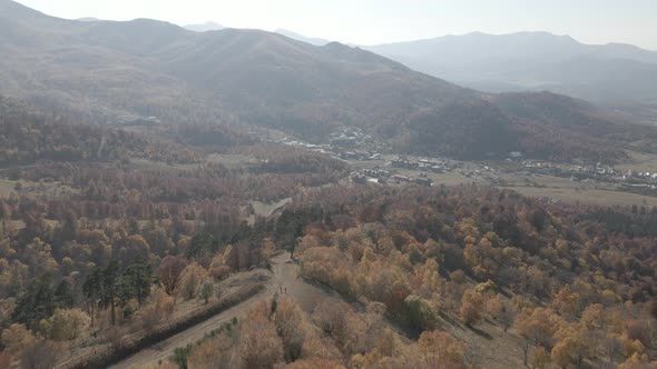 Aerial view of Ski resort Bakuriani. Georgia 2020 autumn