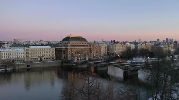 Prague, Czech Republic. Aerial view of cityscape, Legion bridge National Theatre and winter twilight