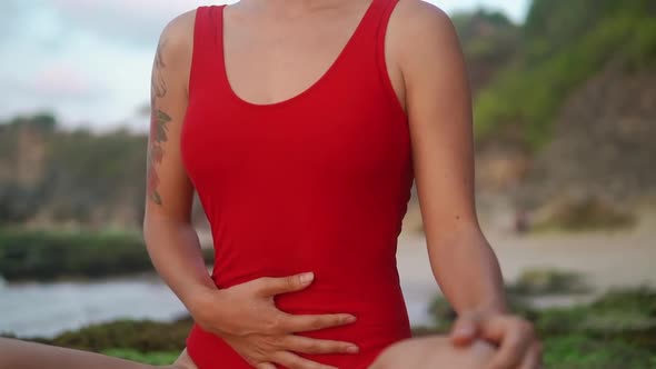 Girl Doing Belly Breathing Exercises. Female Person Reaching Harmony with Nature Through Meditation