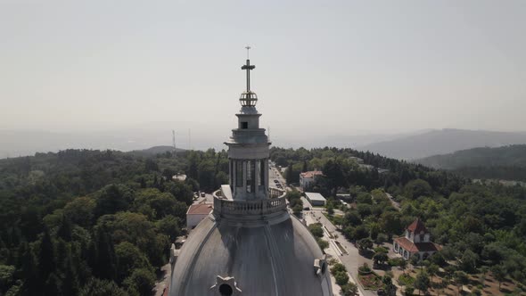 Aerial orbit around dome of Sanctuary of Our Lady of Sameiro in Braga, Portugal.