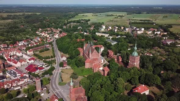 Aerial: The Castle of Frombork in Poland, summer time