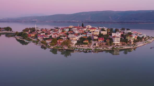 Fishing boat on lake at sunset golyazi, bursa turkey