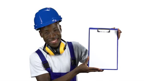 Engineer African American Raises the Paper Tablet . Alpha Channel