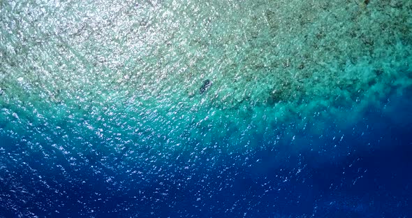 Wide angle overhead copy space shot of a summer white paradise sand beach and aqua turquoise water