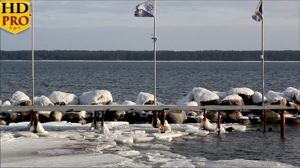 Three Waving Flags on the Shore