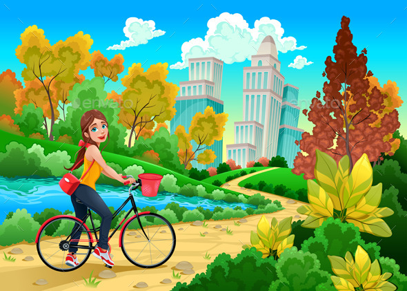 Lady on a Bike in a Urban Park