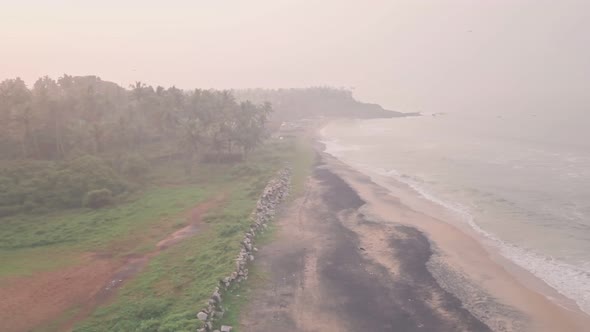 Sandy beach in Kerala, India. Aerial drone view