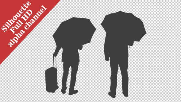 Silhouette of Two Men With Umbrellas & Luggage